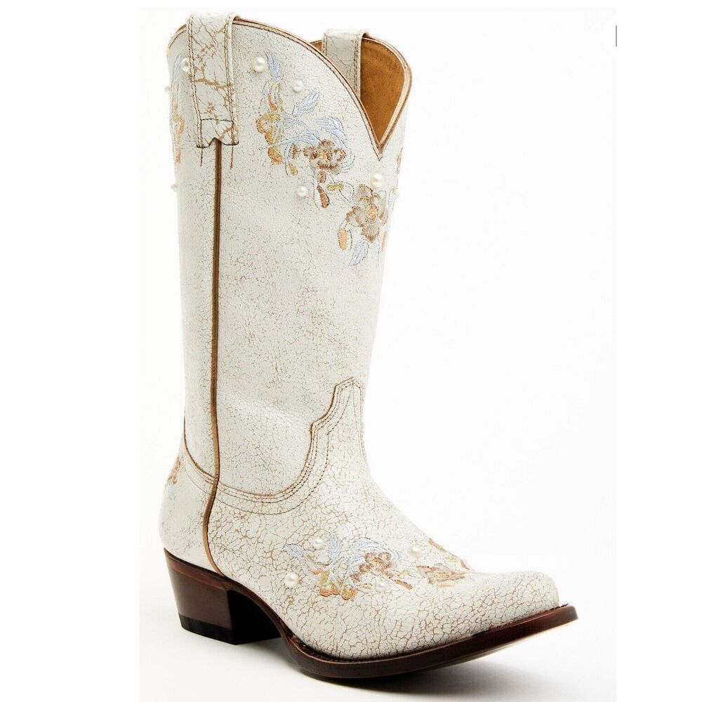 NWT Shyanne Byrdie Crack Embroidered Western Boot Ivory Womens Size 8 B